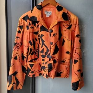 VTG ANAGE Blazer Small Jungle Zoo Animal Wearable Art Dec Orange/Black Lined